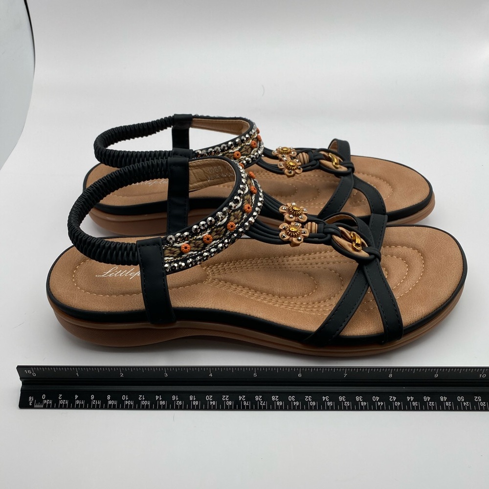 Littleplum Boho Beaded Embellished Thong Sandals Black & Tan Size 43 US 11 - Picture 8 of 8